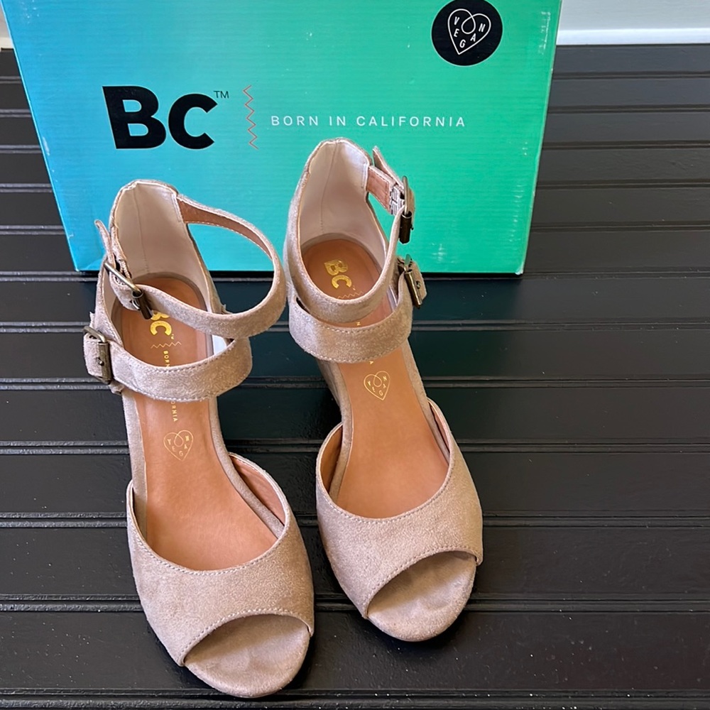 BC Vegan Microsuede Taupe Strappy Wedges
